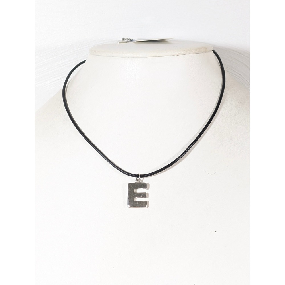 NWT Nine West Silver Tone Initial E Pendant Black Cord Necklace 18" Minimalist - Picture 2 of 7